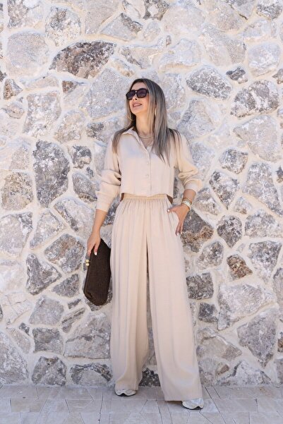 bytugcekaya Μπεζ Σετ Πουκάμισο Crop