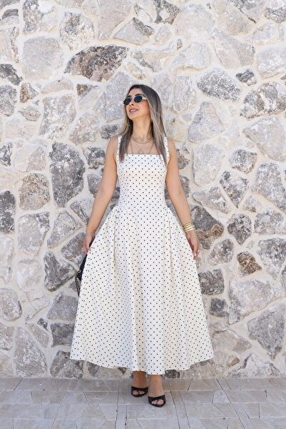 bytugcekaya Εκρού Φόρεμα με Τετράγωνο Γιακά, Πλισέ και Πουά