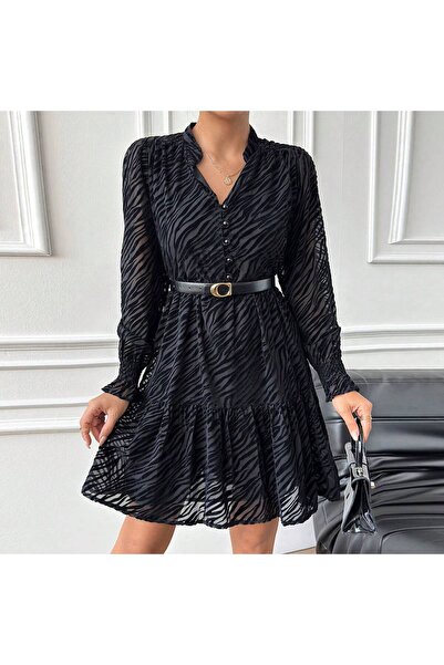 Elti Collection ZEBRA DESENLİ FLOK BASKILI SİYAH ŞİFON MİNİ ELBİSE