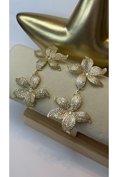 BYYEŞO Full Zircon Stone Detailed Flower Earrings (Steel) Gold