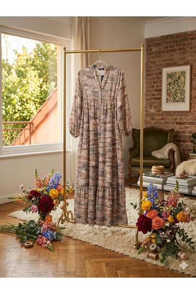 ÇALIŞKAN MODA Soft Desen V Neck Man.Go Fabric Loose Summer Long Dress [Wide Fit, Please Buy Smaller Than Usual, Unlined, Size Range 40-50, 140 cm Length]