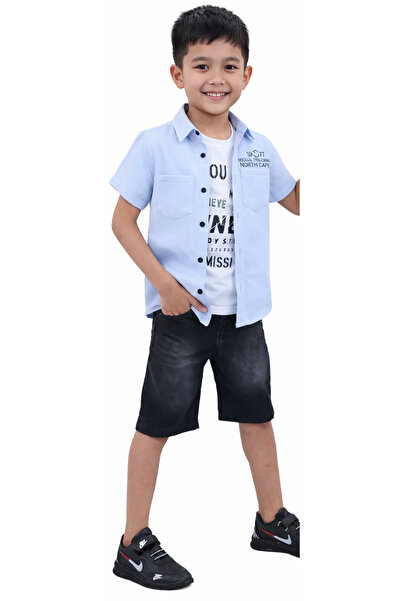 İrem Çocuk Giyim Boy's Light Blue Color Embroidered Linen Shirt, T-Shirt and ...