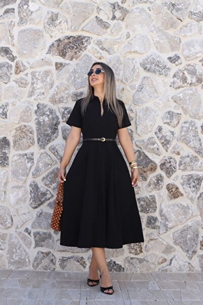 bytugcekaya Μαύρο φόρεμα με ζώνη και φερμουάρ μπροστά