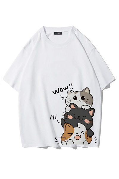 BRZ COLLECTION Tricou Unisex Oversize cu Trei Pisici Drăguțe (ALB)