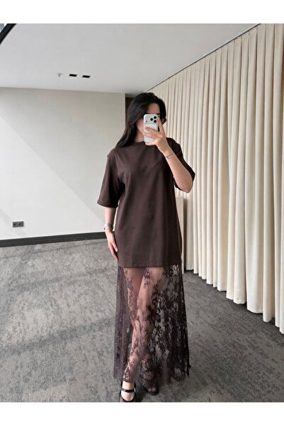 My Blog Καφέ Δαντελένιο Μίντι Φόρεμα - 0902