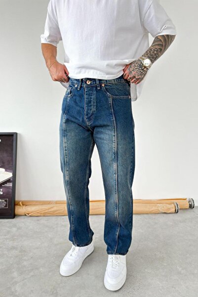 HAFKAGİYİM Pantaloni largi cu design în față în nuanță albastră vintage