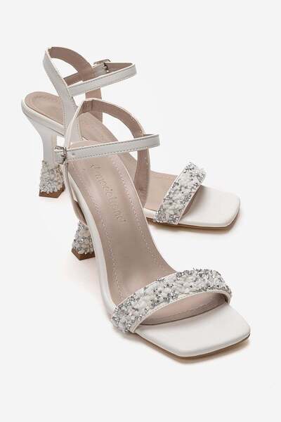 CCWAY AYAKKABI Γυναικεία πέτρινα πέδιλα με παπιγιόν και τακούνι, ΛΕΥΚΟ ΔΕΡΜΑ