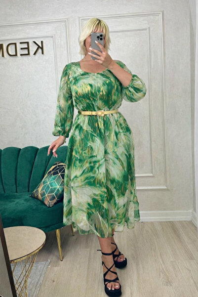 Sienna Fashion Φόρεμα ημέρας, πράσινο με χρυσό σχέδιο και ζώνη στη μέση.