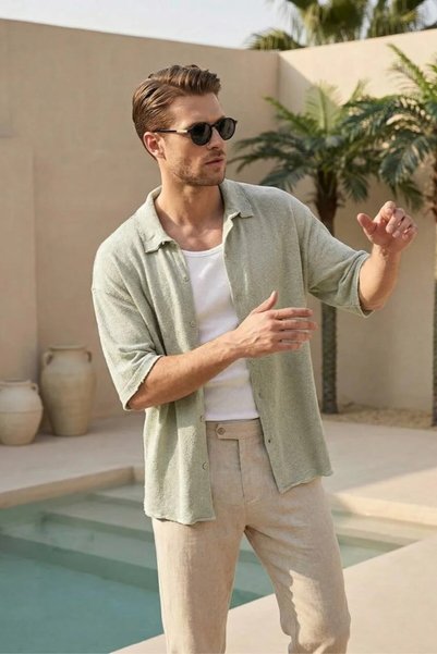 MADZEYMODA Men's Oversize Fit Jacquard Three Quarter Sleeve Summer Mint Shirt Ls-19202