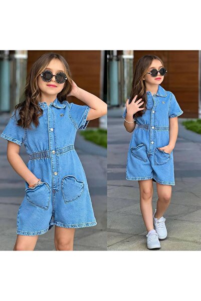 Rubeto Kids 3-10 Yaş Kız Çocuk Kalp Cep Detaylı Kısa Kollu Şort Tulum
