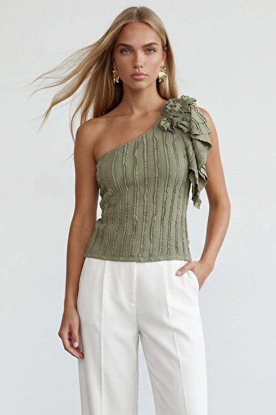 Trend Alaçatı Stili Γυναικεία Χακί Μπλούζα με Λεπτομέρεια στον Έναν Ώμο και Κ...