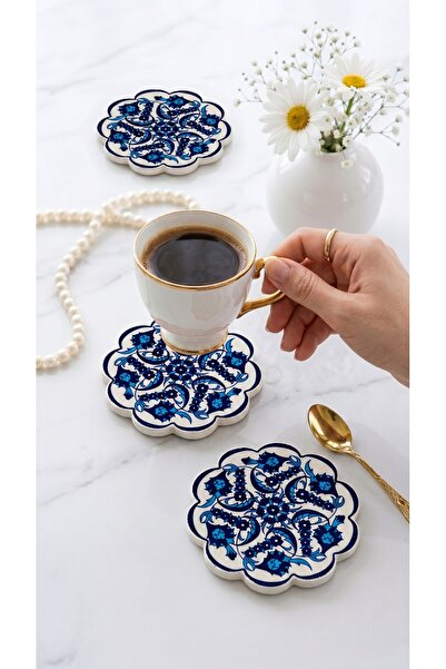 EvaniLife Seramik 6'lı Set Bardak Altlığı, Sunumluk El Yapımı Çini Desenli De...