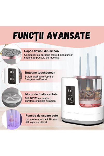Icoverse Dispozitiv Profesional pentru Curatarea si Uscarea Pensulelor de Machiaj Icoverse, 3 in 1, Spalare Automata & Manuala, Uscare Delicata cu Aer, Timer 2H/5H, Control Touch, USB Toate Tipurile de Pensule