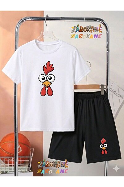 ZAROKANE Şaşkin Horoz Printed Top and Shorts/T-Shirt Two-Piece Summer Childre...
