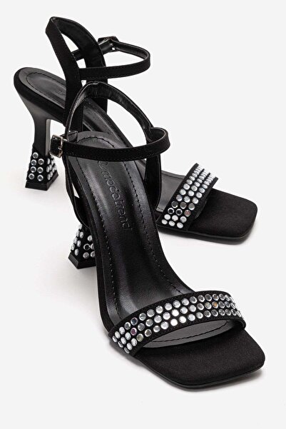 CCWAY AYAKKABI Γυναικεία πέδιλα με πέτρινο τακούνι με μονό λουράκι ΜΑΥΡΟ ZRA