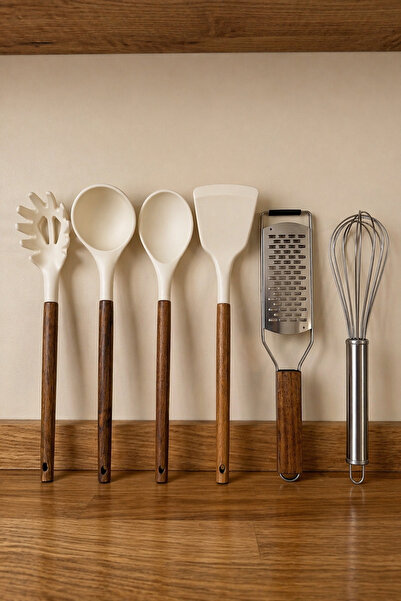 MİS KİTCHEN Acacia Handle 6-Piece Silicone Kitchen Set Whisk Grater Spoon Spa...
