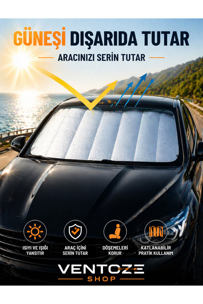 Ventoze Oto Ön Cam Güneşlik Isı Yansıtıcı Vantuzlu Katlanabilir Torpido Koruy...