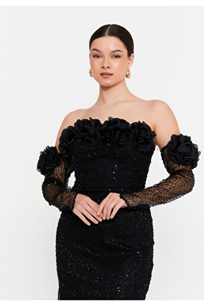 Sienna Fashion Νέσα 3D Φόρεμα με Λουλουδένια Κοσμήματα