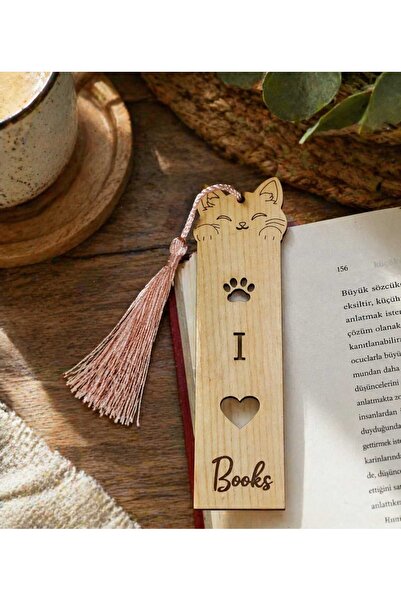 AyBu Prolaser & Design Kedi Tasarımlı Ahşap Kitap Ayracı-'' I Love Books '' P...