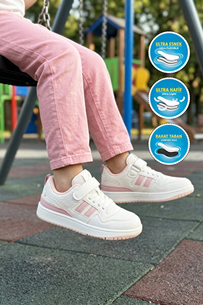 Cool Beyaz Pudra Fileli Hafif Cırtlı Kız Çocuk Spor Ayakkabı Stella F