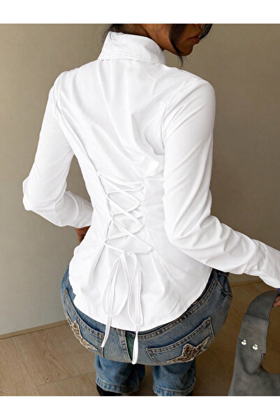 BLUE STREET Women's Corseted Shirt with Lace-Up Back, Slim Fit, Stylish Offic...