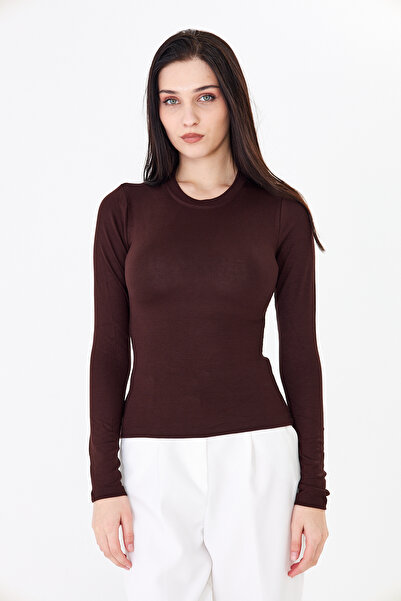 Rora Γυναικεία καφέ μακρυμάνικη μπλούζα με λαιμόκοψη ποδηλάτου από εύκαμπτο ύ...