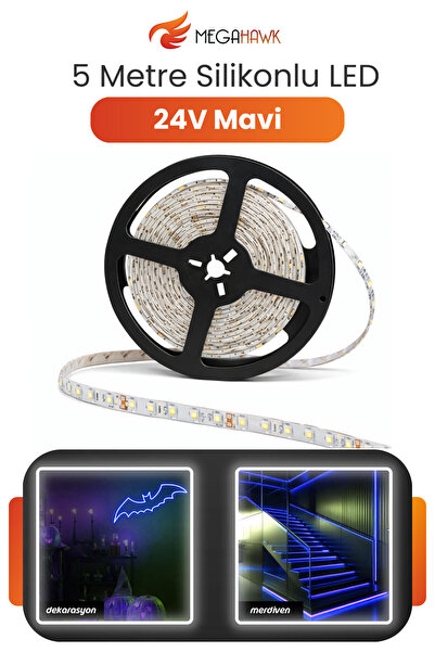 MEGAHAWK 24V Dış Mekan M/60 2835 Mavi LED Şerit – 5 Metre, Kesilebilir ve Ekl...