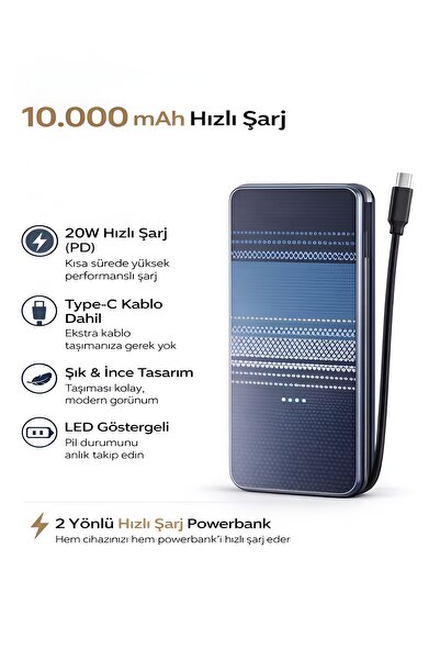 DEANB 10000mAh Karbon Stil Powerbank Dahili Type-C Kablo 20W Hızlı Şarj Taşın...