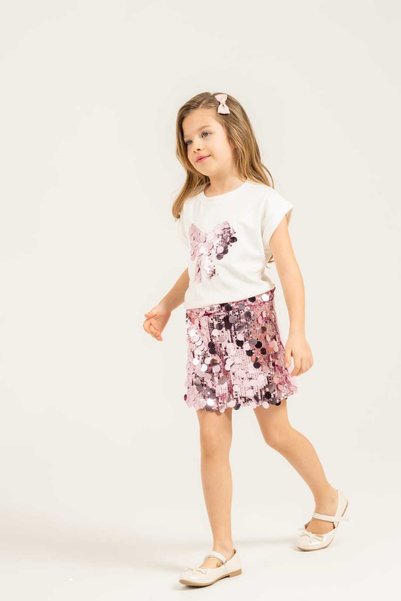 Miniminnakkidswear Girl's Sequined Shorts Skirt T-Shirt Set 5-12 Years Old