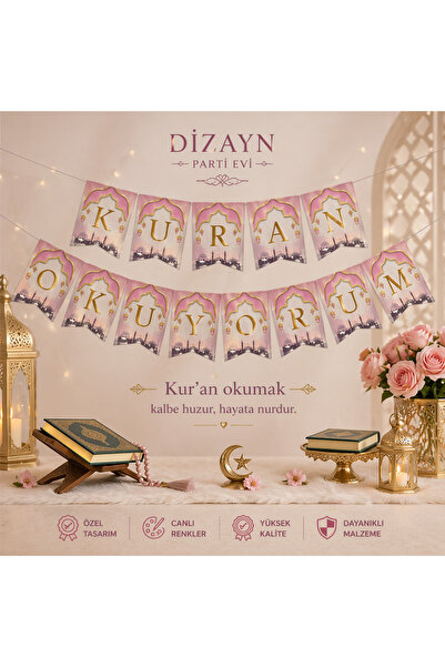 Dizayn Parti Evi DZYN Kuran Okuyorum Banner Seti İslami Parti Süsü Mavi Pembe...