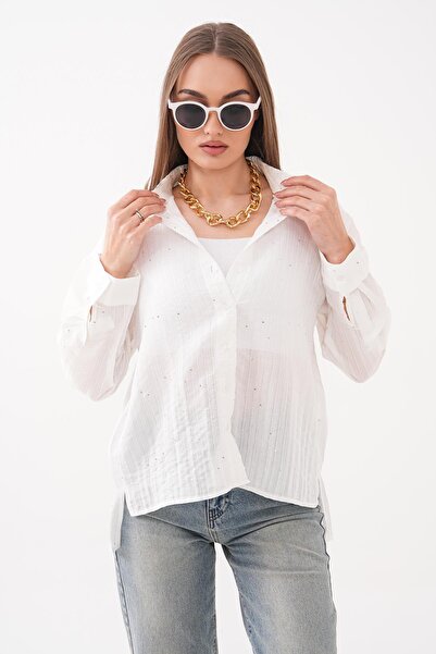 ŞİMAL Γυναικείο πουκάμισο με λαμπερές χάντρες και λεπτομέρεια στα μακριά μανί...