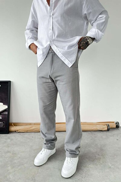 HAFKAGİYİM Sive široke lanene pantalone