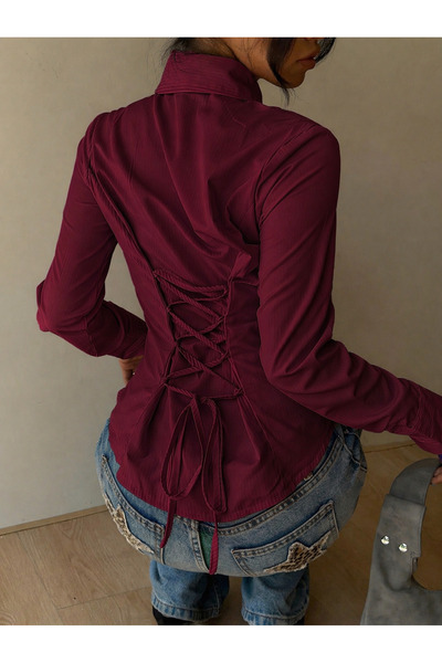 BLUE STREET Women's Corseted Shirt with Lace-Up Back, Slim Fit, Stylish Offic...