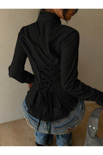 BLUE STREET Women's Corseted Shirt with Lace-Up Back, Slim Fit, Stylish Offic...