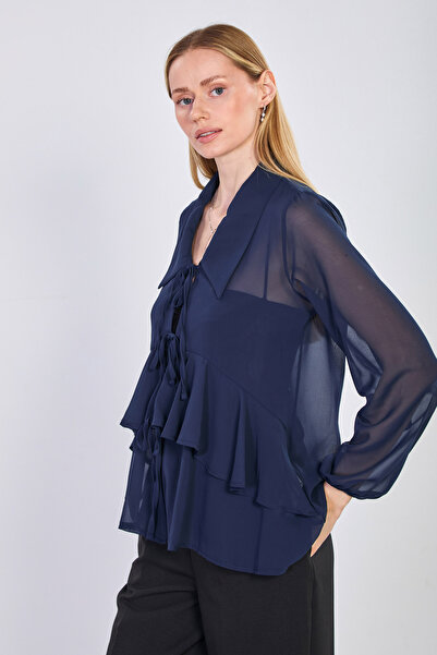 BARRELS AND OIL Γυναικεία μπλούζα σιφόν με βολάν και δέσιμο μπροστά - Σκούρο ...