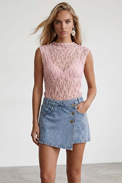 Trend Alaçatı Stili Γυναικεία ροζ αμάνικη δαντελένια μπλούζα Alc-X15477