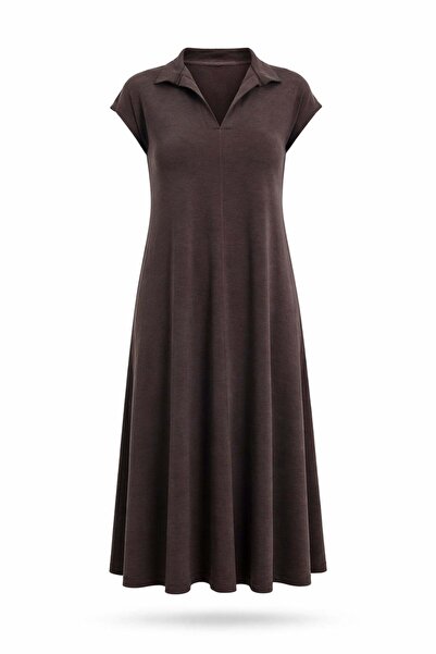 5in1Canpolat Καφέ φόρεμα με γιακά πόλο σε χαλαρή γραμμή