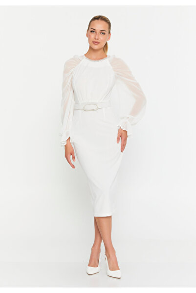 Sienna Fashion Πάουλα Λευκό Μίντι Φόρεμα