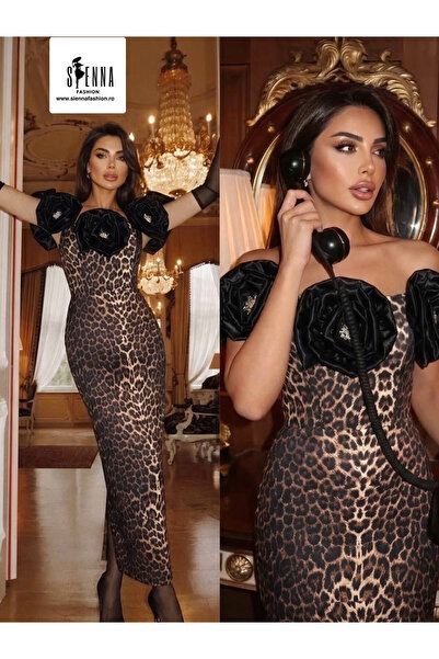 Sienna Fashion Κομψό λεοπάρ φόρεμα με τρισδιάστατα τριαντάφυλλα