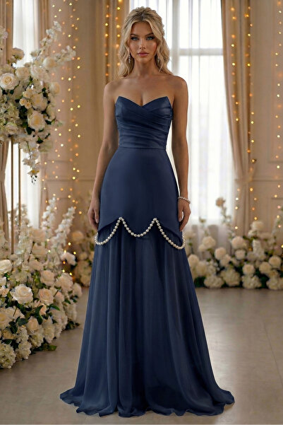 Sienna Fashion Ναυτικό μπλε φόρεμα κορσές με αποσπώμενη φούστα και διακοσμήσε...