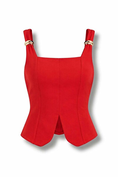 5in1Canpolat Κόκκινο Τετράγωνο Μπουστιέ με Γιακά 1047