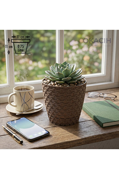 okacih Dekoratif Hasır Desenli Saksı 0.75 Lt 11 cm Rattan Görünümlü Modern İç...