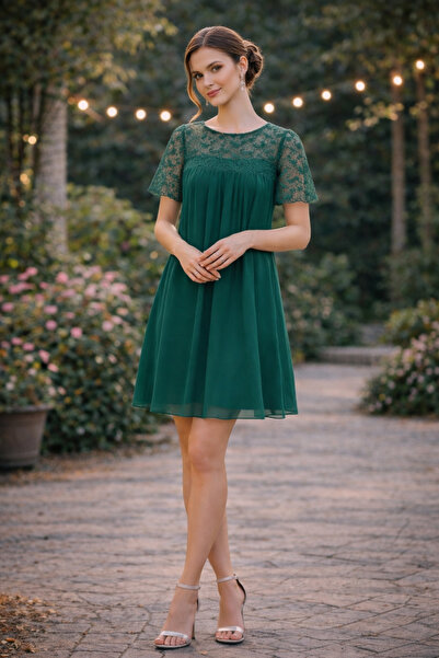 Divin store Κομψό πράσινο φόρεμα με βέλοφανα και λεπτή δαντέλα