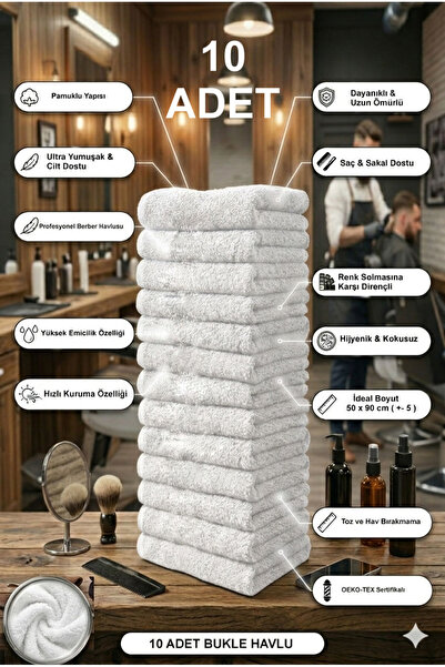 Embays 10 Adet 50x90cm Pamuklu Havlu Berber Havlusu, Kuaför Havlusu, Sporcu H...