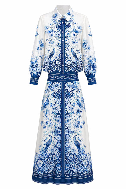 HAZELANNA Μπλε και λευκό φλοράλ και πουλιένιο σετ δύο τεμαχίων