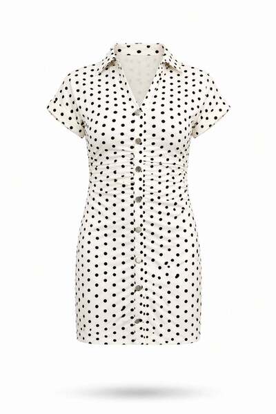 5in1Canpolat Εκρού Φόρεμα με Πουά και Σούρα στη Μέση 86252