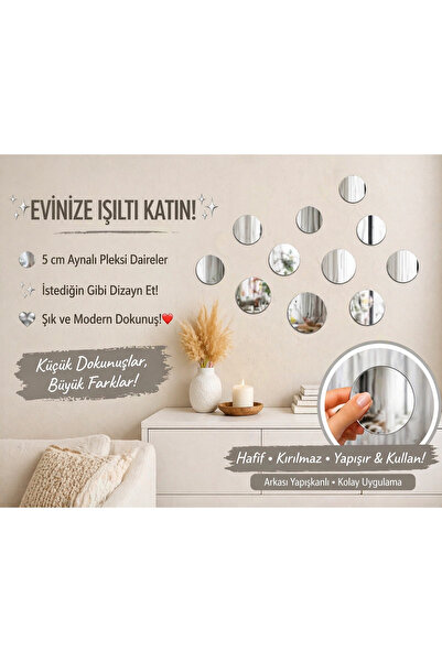 tagahome Duvar dekorasyon ürünü gümüş pleksi 40 adet 5 cm aynalı kendinden ya...