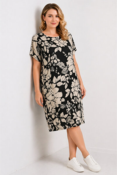 Şans Γυναικείο φόρεμα μεγάλου μεγέθους σε μαύρο χρώμα, με φλοράλ σχέδιο και τ...