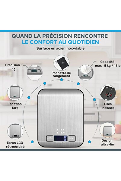 FB Cântar de Bucătărie cu Husă de Protecție – Precizie 1 g, Oțel Inoxidabil 5 kg, Funcție Tare, Ecran LCD Iluminat, Ultra‑Subțire