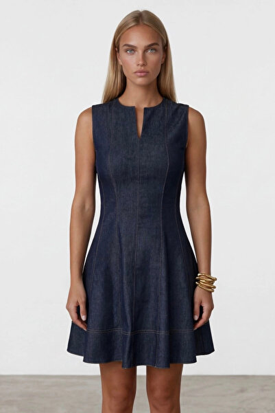 URİS Γυναικείο μπλε ναυτικό φόρεμα με σχιστό γιακά, αμάνικο, καλοκαιρινό, κομ...